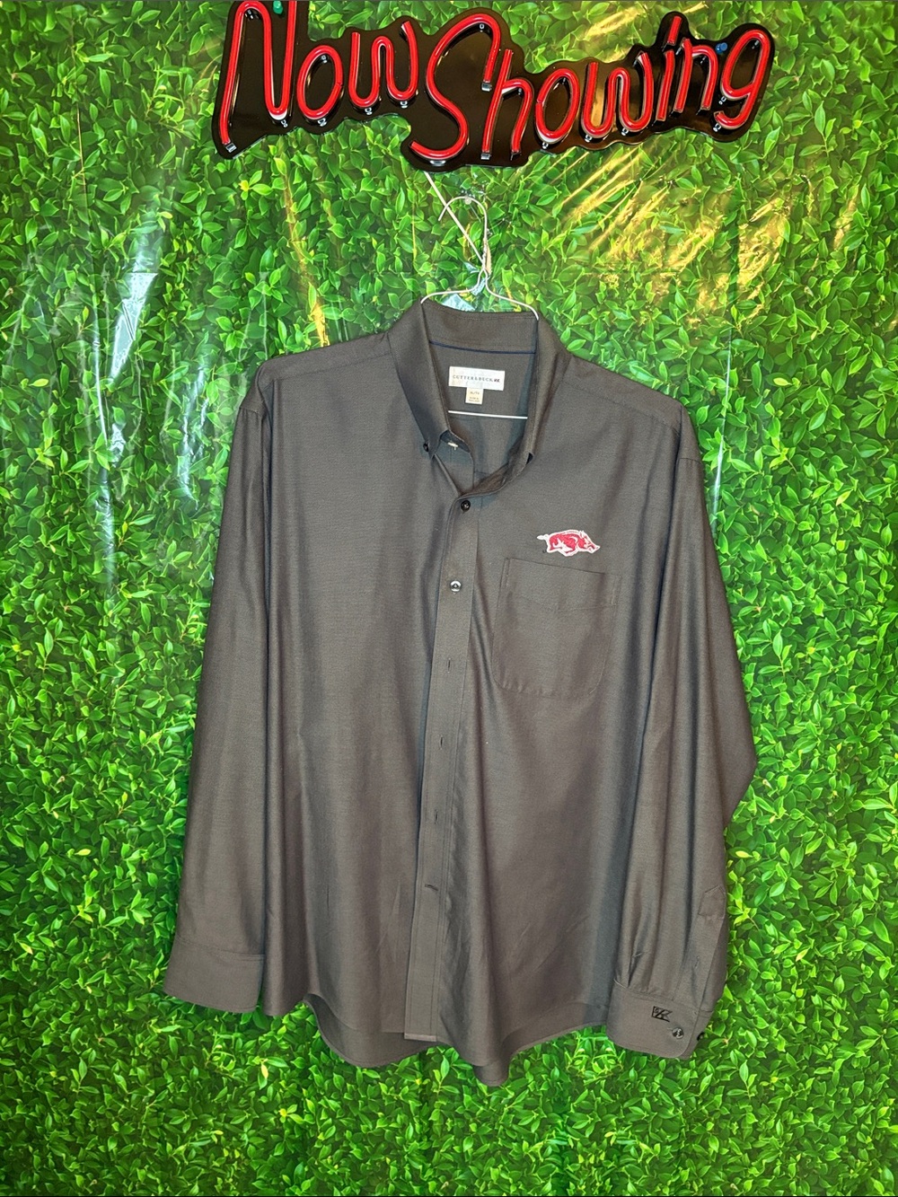 Cutter & Buck Men's Dark Brown Button-Up Shirt with Red Logo